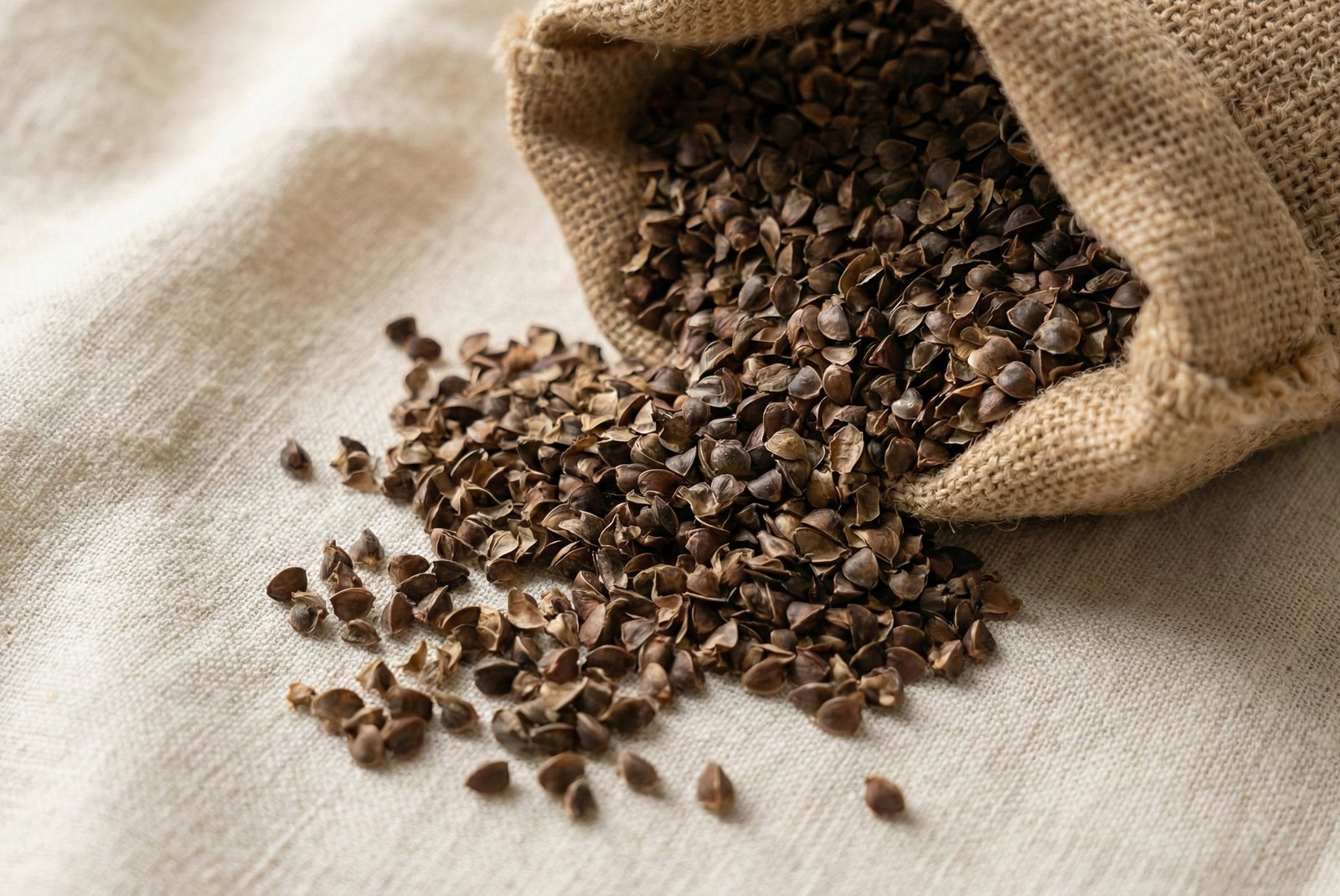 Buckwheat hulls spilling from bag